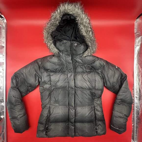 Columbia Mercury Maven II Size Medium Gray Plaid Down Puffer Fur Hood Zip Jacket - Picture 1 of 14